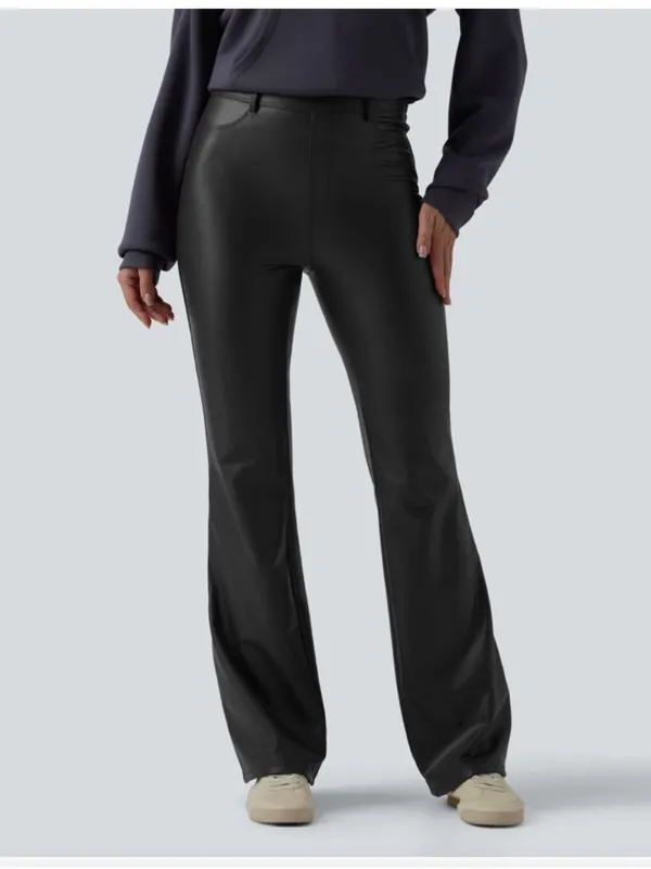 HALARA Black Faux-Leather High Waist Fleece Lined Flare Pants Small (4/6) - Image 2