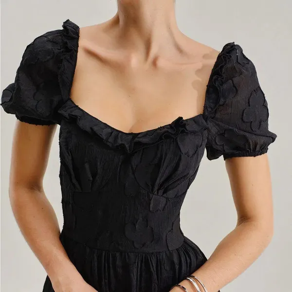 Rihoas Black Square Neck Puffed Sleeve Midi Dress - Image 3
