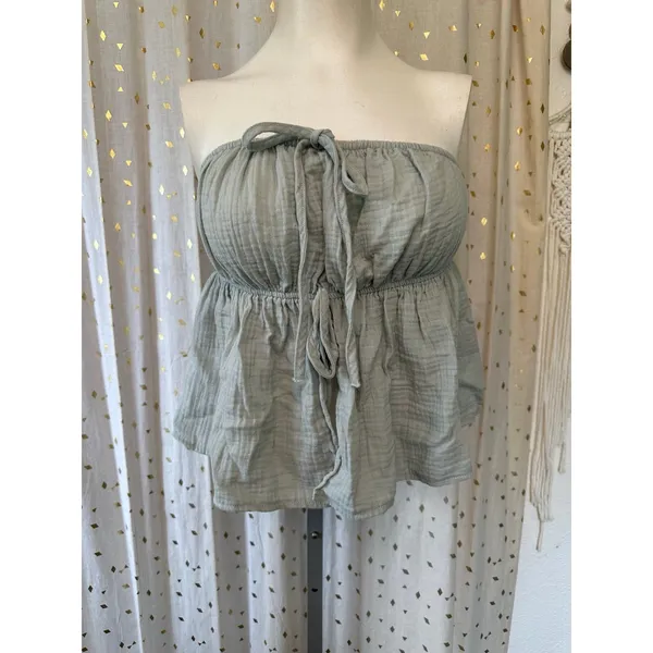Lillusory 100% Cotton Gauze Strapless Peplum Bandeau Top Wide Leg Pants Set S - Image 3