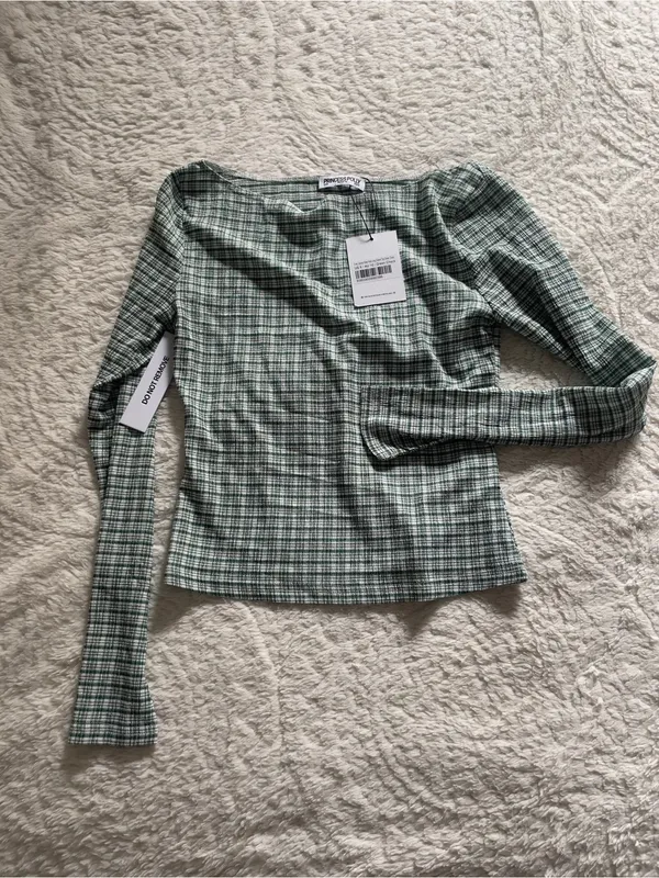 Princess Polly Every Second Boat Neck Long Sleeve Top Green Check - Image 5