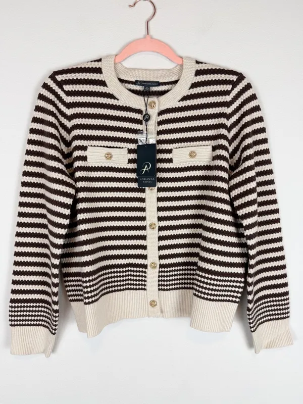 NWT Adrianna Papell Button Front‎ Striped Pointelle Cardigan Sweater Cream Brown - Image 4