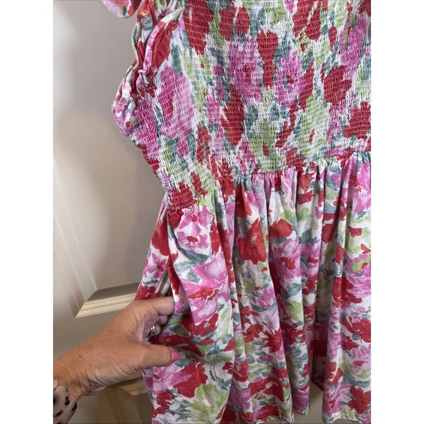 Entro Floral Smocked Mini Dress | Pink Ruffle Flutter‎ Sleeve Square Neck Large - Image 4