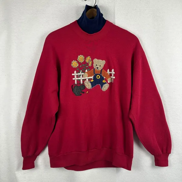 Vintage 90sGopher Sport Sweatshirt Teddy Bear Sunflower Women Large Burgundy USA - Image 2