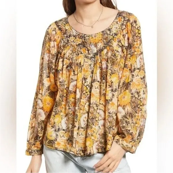 Free People We The Free Cool Meadow Midnight Combo Long Balloon Sleeves Boho Slouchy Top L - Image 4