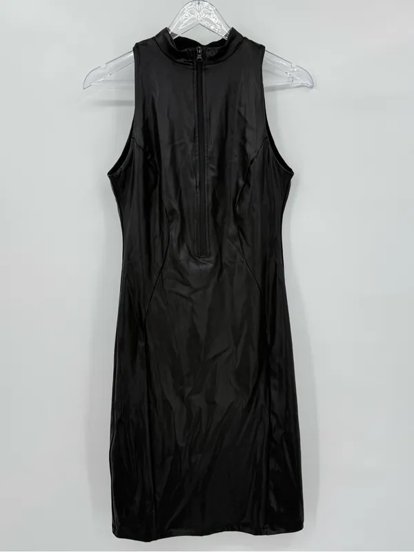 Popilush Shapewear Sculpting Faux Leather Zip Bodycon Dress Black Large NEW - Image 3