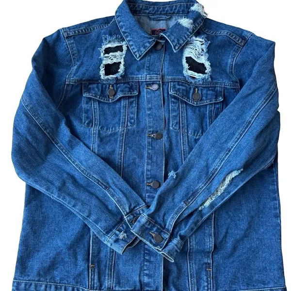 Boom Boom Jeans Distressed Denim Jacket Women’s XL Blue Net Detail - Image 4