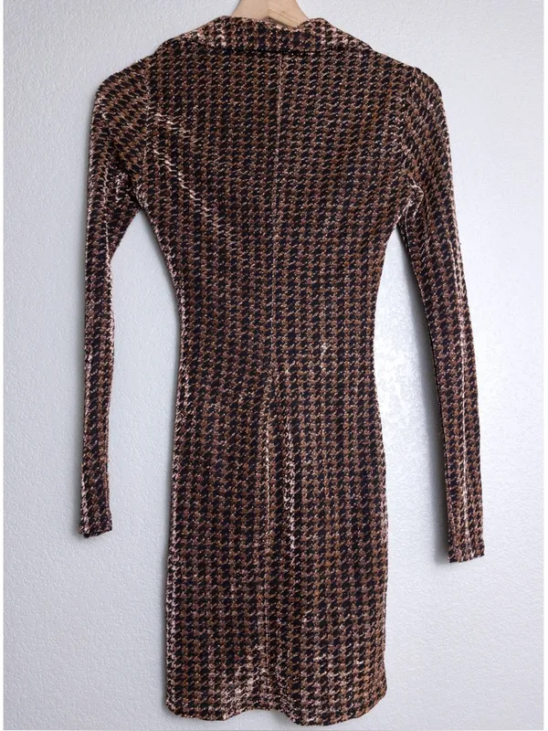 ASTR Nia Metallic Houndstooth Mini Dress XS Copper Black Vneck Jersey Stretch - Image 11