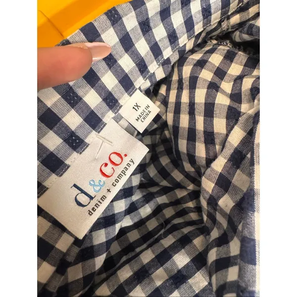 Denim & Co Navy Blue Gingham Plaid Button Up Blouse Womens Plus Size 1X Ruffle H - Image 5