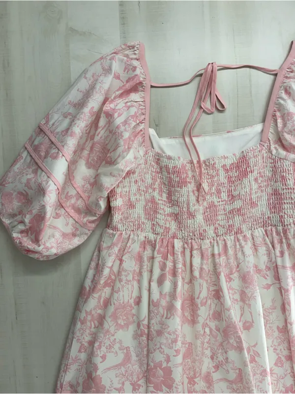 LOVELO Woodland animal toile printed pink puff sleeve dress 1XL - Image 6