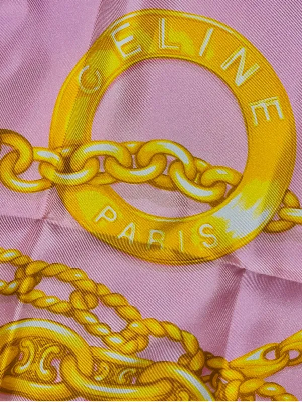 CELINE Paris Silk Scarf Pink Gold Chain Print Square - Image 5