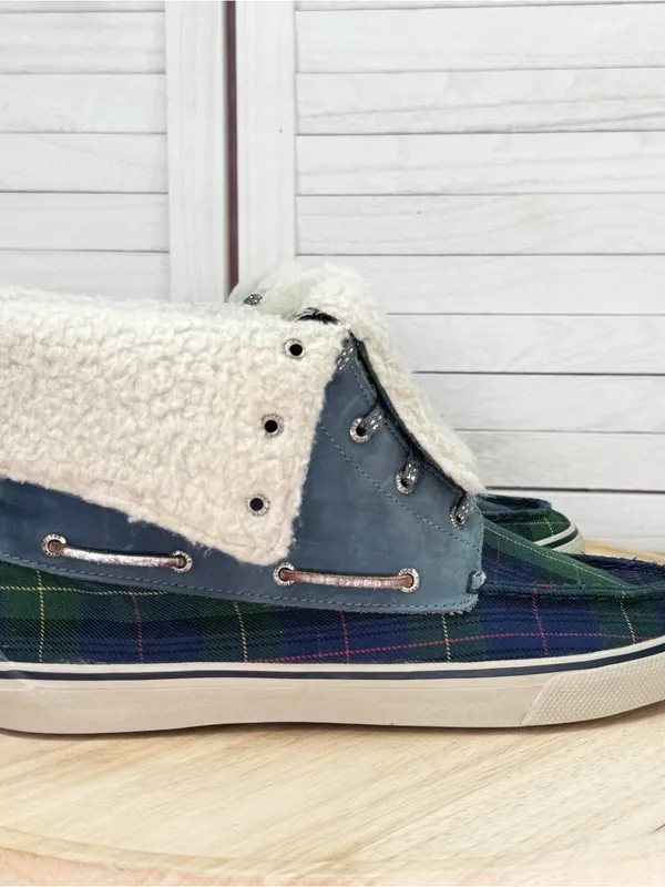 Sperry Tartan Plaid Fleece Lined Fold Over Boots Blue Green Women 11 Preppy - Image 2