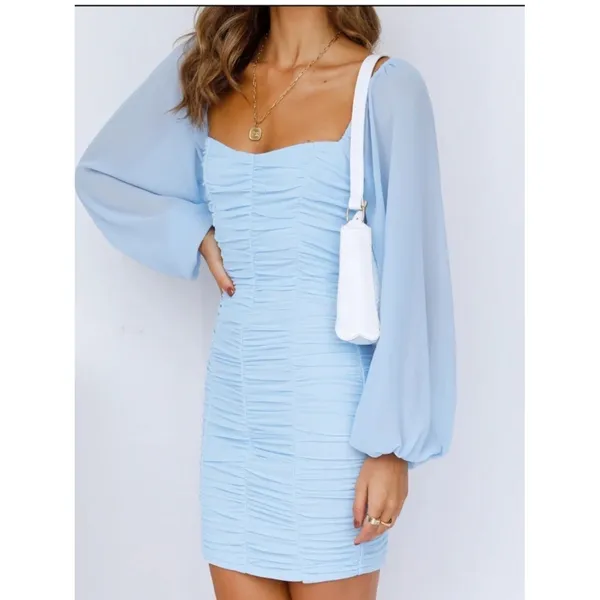 Hello Molly‎ Light Blue Ruched Mini Dress Square Neck Bishop Sleeve Size US 2 XS - Image 3