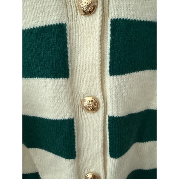 Long Sleeve Crew Neck Button Up Striped Sweater Cardigan Green White Size Large - Image 9