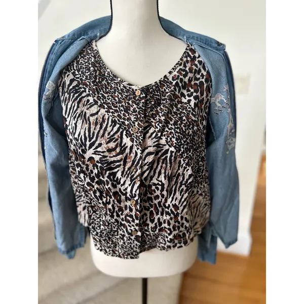 Vintage Embroidered Denim Safari Animal Jacket Leopard Vest Insert - Image 3