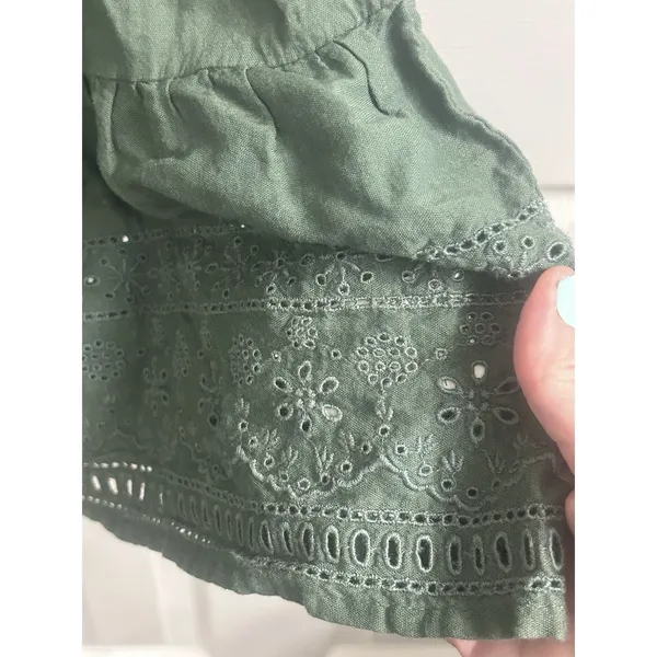Old Navy Sz M Puff-Sleeve Tiered Embroidered Mini Swing Mini Dress Green Boho - Image 2