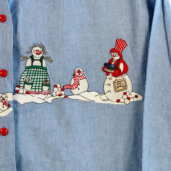 Vtg Christmas Snowman Shirt Chambray Denim Holiday Button‎ Down Top S Festive - Image 10