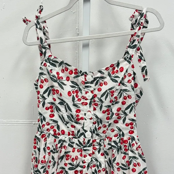 Code Mode Cherry Print Cotton Midi Dress White Red Small Summer Picnic - Image 3