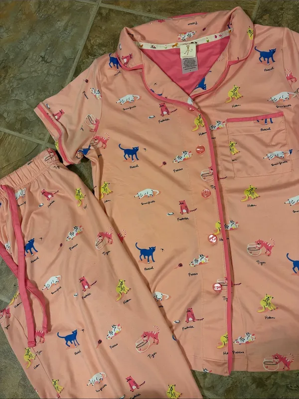 munki munki Pink Short-Sleeve Pajama Set with Colorful cat Print - Image 2