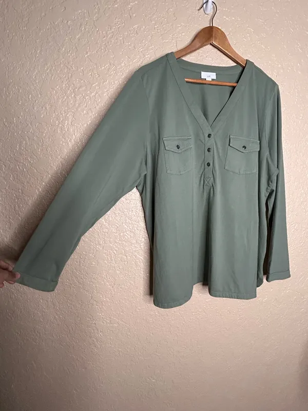 🩷 J. Jill Women Henley Top Large Green Long Sleeve V-Neck Utility Pockets Cotton - Image 8