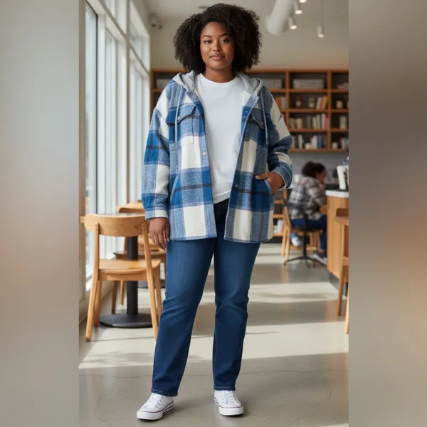 Blue and White Plaid Women's Hoodie - Image 2