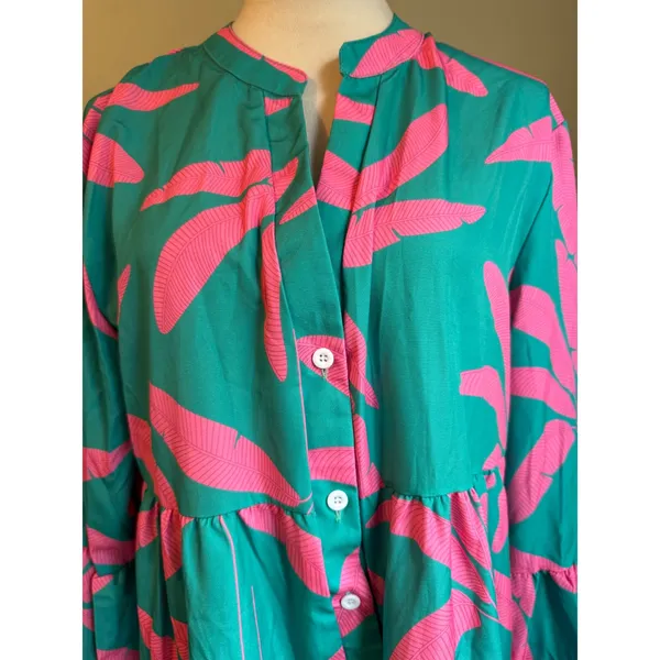 Teal Hot Pink Tropical Leaf Tiered Babydoll Dress Bell Sleeve resort beach xxl - Image 3