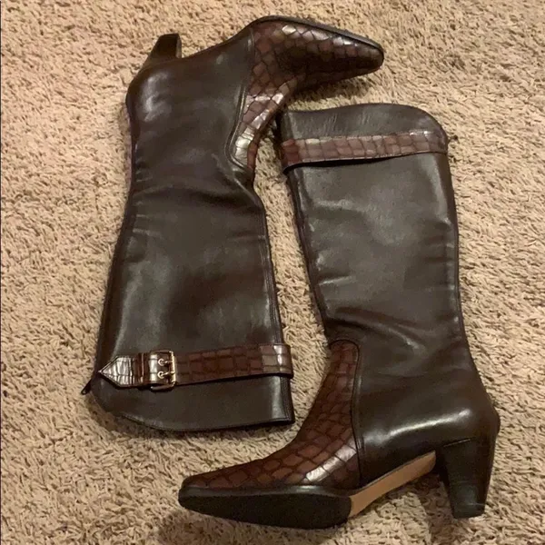 Prevata Brown Diana Leather Croc Heeled Boots - Image 2
