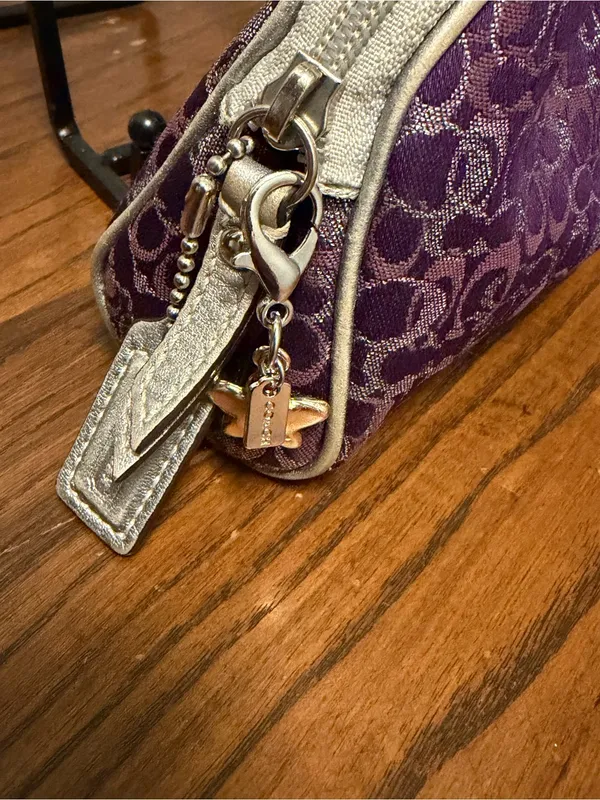 coach Purple Jacquard Cosmetic Case with Metallic Accents Coach charm added - Image 4
