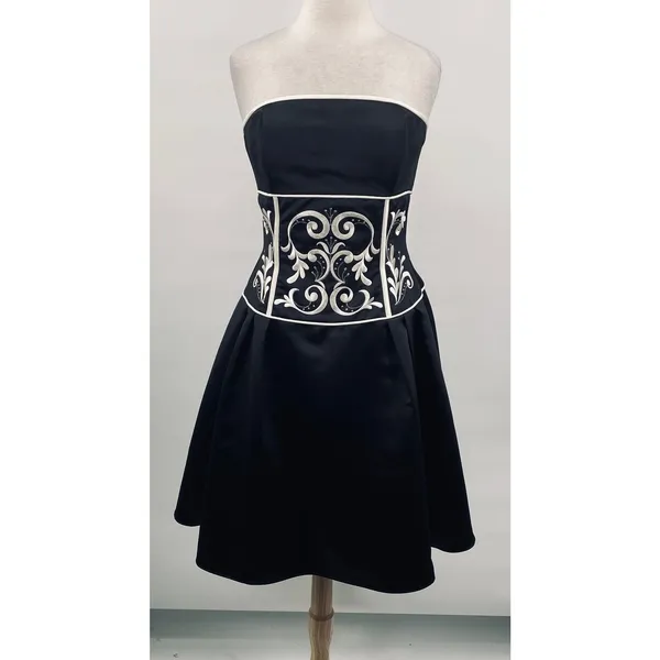 Vintage Y2k Jessica McClintock Satin Cocktail Dress Strapless Fit & Flare Black - Image 4
