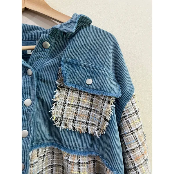 POL Plaid Corduroy Shacket‎ Raw Hem Boho Oversized Button Down Size L - Image 3