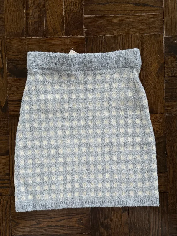 Aqua Light Blue & White Check Knit Mini Skirt - Image 3