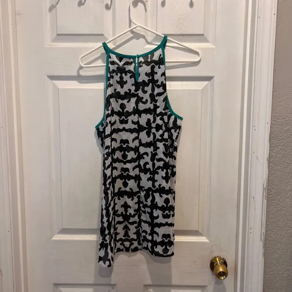 Nicole by Nicole Miller Black White Teal Damask‎ Halter High Low Blouse Large - Image 5