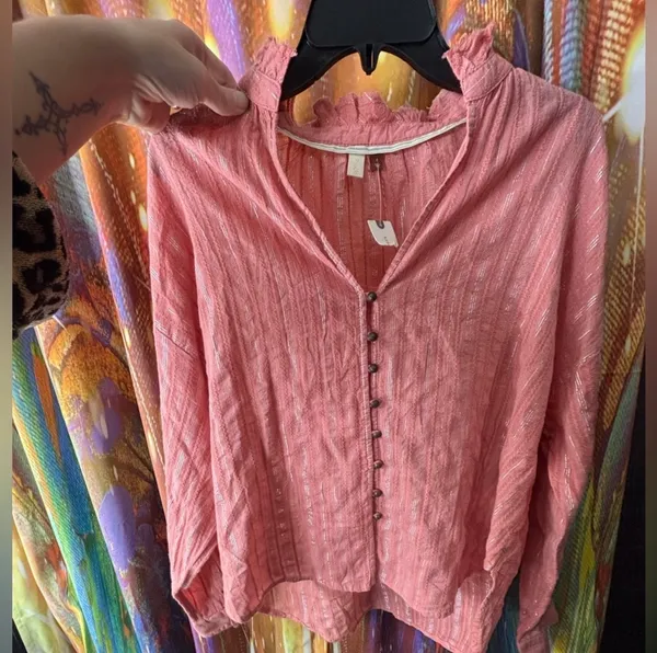 Anthropologie Pilcro Tavi Pink Metallic Button Up Long Sleeve Blouse NWT - Image 6
