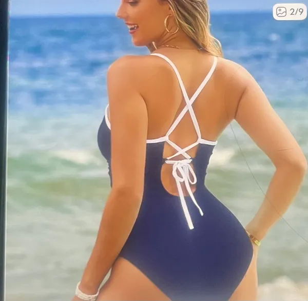 Mbjl Dive into style with this elegant navy and white one- piece swimsuit. Perfect for a chic beach look. - Image 2