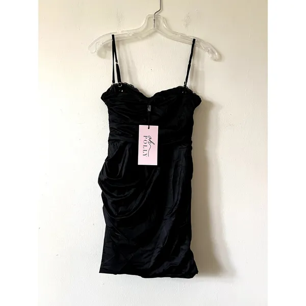 Oh Polly Yesenia Satin Scalloped Bandeau Ruched Mini Dress Black Size 4 New - Image 5