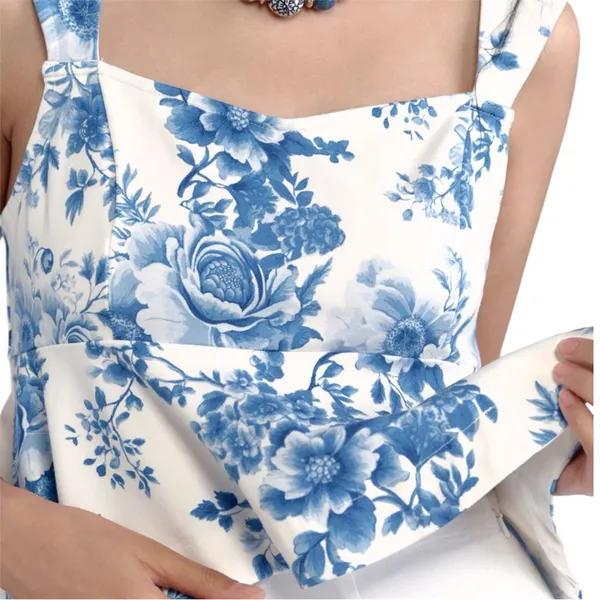 Anthropologie Maeve Square-Neck Peplum Blue and‎ White Fitted Crop Top Size L - Image 3
