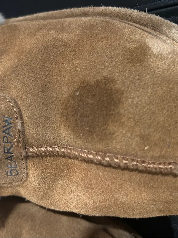 BearPaw Chestnut Suede Shearling Clog Slippers with Cream Cuff please see stain - Image 7