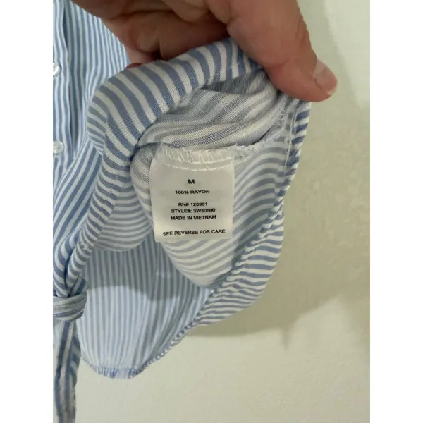 Olive and Oak Blue White Striped Tie Front Short Sleeve Shirt Size M - Image 4