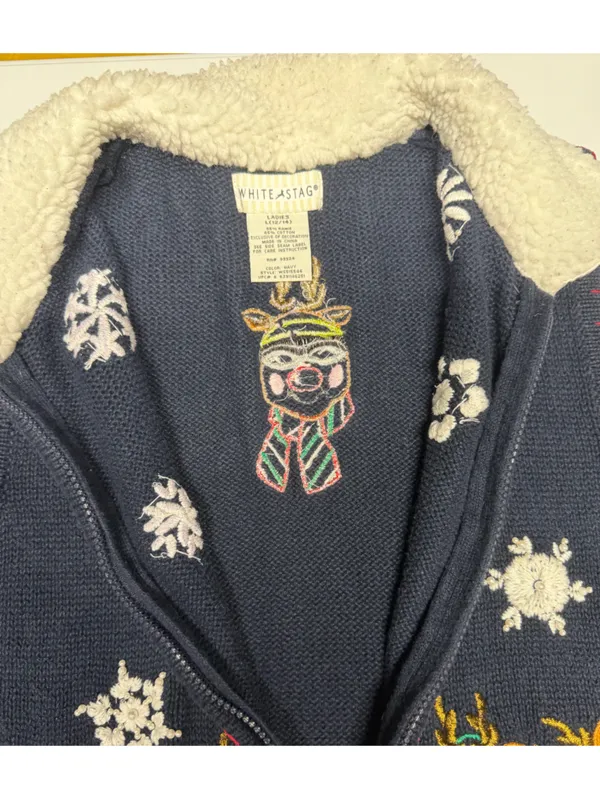 White Stag Ugly Christmas Sweater‎ Vest Reindeer Skiing Snowflakes Faux Fur L - Image 5