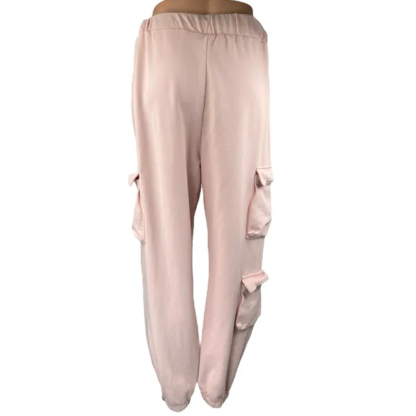 Superdown Women's Pink High Rise Drawstring Tapered Leg Cargo Jogger Pants Sz L - Image 3