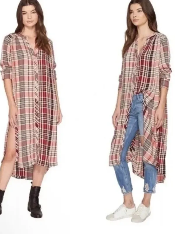 Free People Loralei Plaid Shirt Dress Tunic Red Pink Western Festive Size XS - Image 3