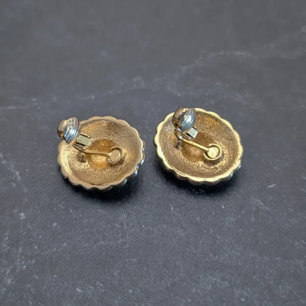 Vintage Clip On Earrings Elegant Glam Dark Green with Gold Tone Statement Halo - Image 5
