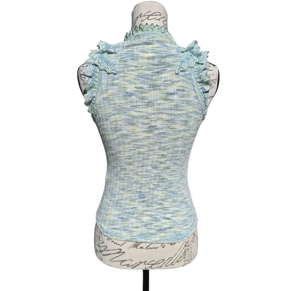 By Anthropologie -641 Crochet Ruffle Tank Top Sleeveless Knit‎ Blue Size Small - Image 6