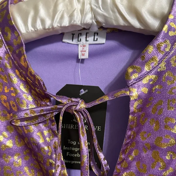 TCEC Metallic Purple Animal Print Puff Sleeve Babydoll Dress Western Boho Glam - Image 5