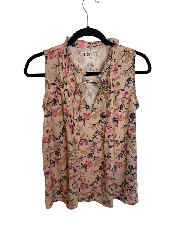 NWT Loft Floral Pintuck Ruffle Tie Neck Mixed Media Shell Top - Image 3
