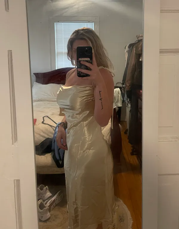 Boutique Gold Satin Asymmetrical Hem Dress - Image 4