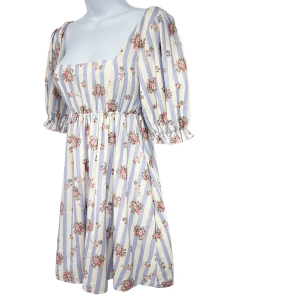Show Me Your Mumu Mini Dress Womens XS Striped Floral Puff Sleeve Linen‎ Pockets - Image 4