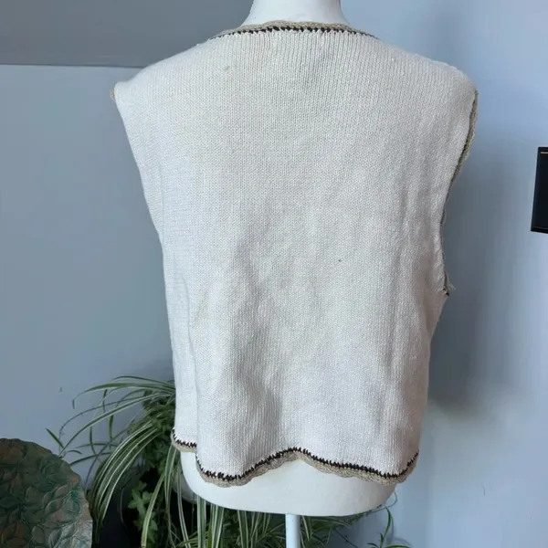 Crochet Button Up Sweater Vest‎ Cream Tan Brown Bohemian Festival Large - Image 2
