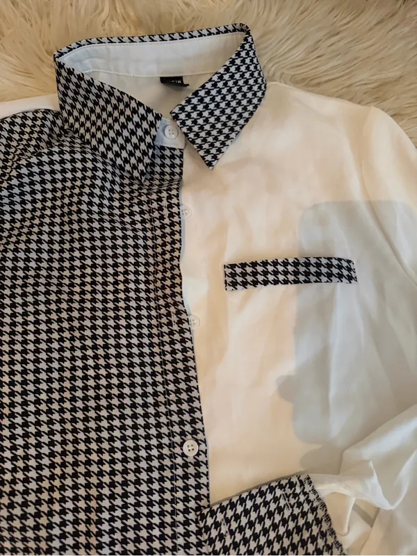 Shein Women's Two-Tone Houndstooth Contrast Button-Up Shirt - White/Black - Image 7