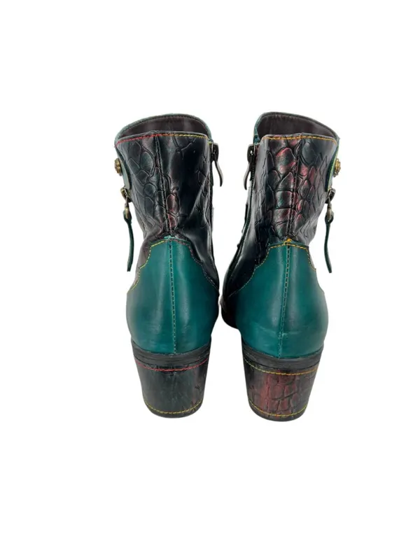 Boho Lagenlook Festival Teal Leather Ankle Boots Snake Print Stud Detail Size 42 - Image 4