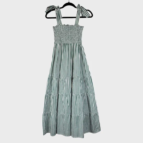 Maxwell And Gerladine Dress Green The Brooke Midi Stripe Smocked Tiered Flowy XS - Image 2